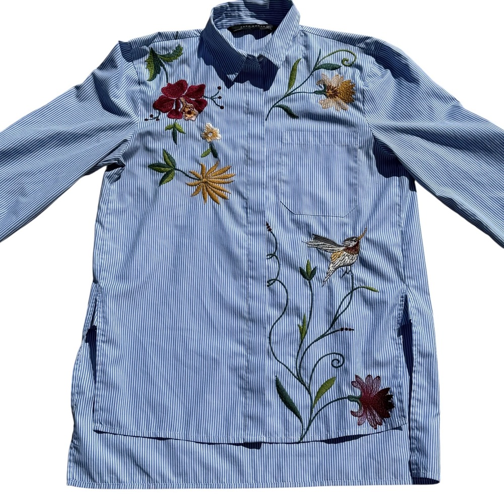 Zara Blue & White Striped Embroidered Shirt Dress